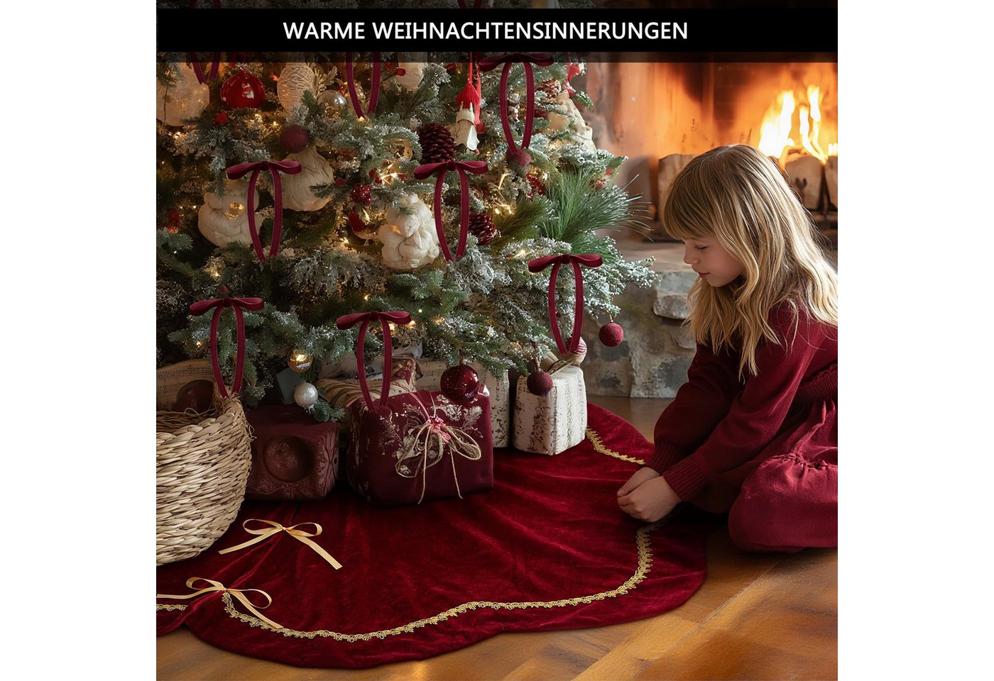 CLTYQ Weihnachtsbaumdecke Weihnachtsbaumdecke Baumrock Baumteppich Weihnachten Samt & Plüsch, Mit funkelnder Goldspitze und Bogenkante, Rustikale Weihnachtsdeko – Bild 4 von 5