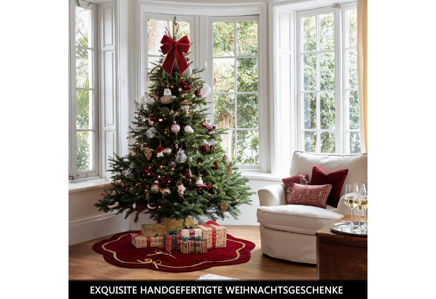 CLTYQ Weihnachtsbaumdecke Weihnachtsbaumdecke Baumrock Baumteppich Weihnachten Samt & Plüsch, Mit funkelnder Goldspitze und Bogenkante, Rustikale Weihnachtsdeko – Bild 5 von 5