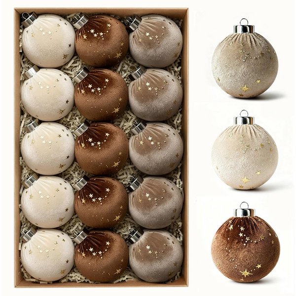 CLTYQ Weihnachtsbaumkugel Weihnachtskugeln 15 Stücke Weihnachtskugeln Samt Set,8 cm, bruchsichere, mehrfarbig in Braun,Grün und neutralem Beige
