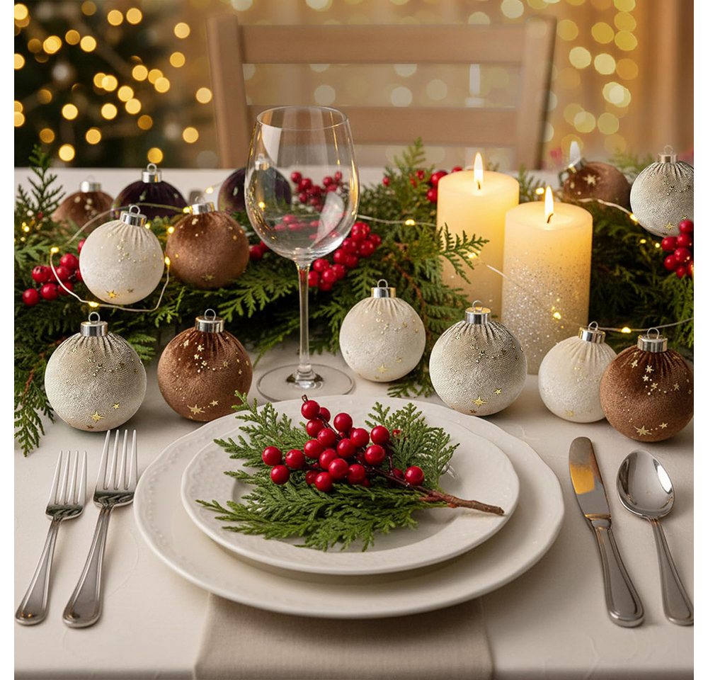 CLTYQ Weihnachtsbaumkugel Weihnachtskugeln 15 Stücke Weihnachtskugeln Samt Set,8 cm, bruchsichere, mehrfarbig in Braun,Grün und neutralem Beige – Bild 2 von 5