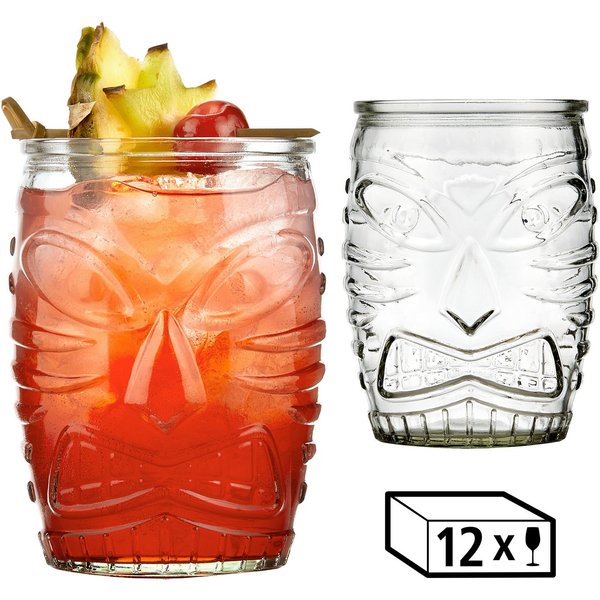 LIBBEY Cocktailglas Libbey Trinkglas, 12er Set -TIKI- von polynesischer Kunst inspiriert, 12-tlg., Glas, 473 ml, hochwertig verarbeitet, im charakteristischen D