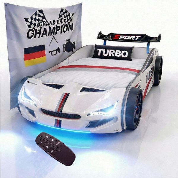 Coemo Autobett GTE (1-tlg., Komplett-Set Bett und Lattenrost), Weiß Autobett Rennwagen GTE mit Lattenrost Beleuchtung Motorgeräusche