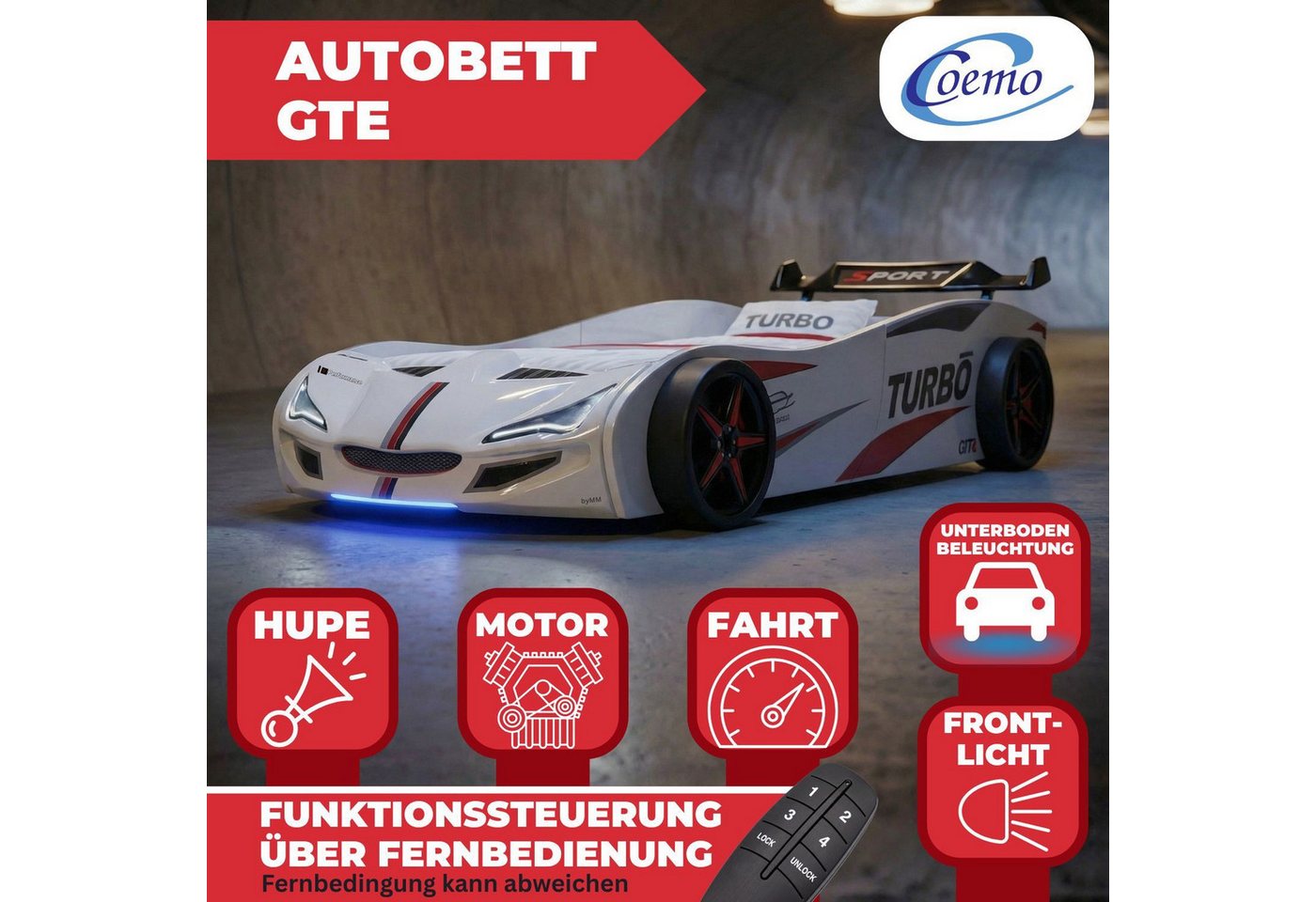Coemo Autobett GTE (1-tlg., Komplett-Set Bett und Lattenrost), Weiß Autobett Rennwagen GTE mit Lattenrost Beleuchtung Motorgeräusche – Bild 2 von 5