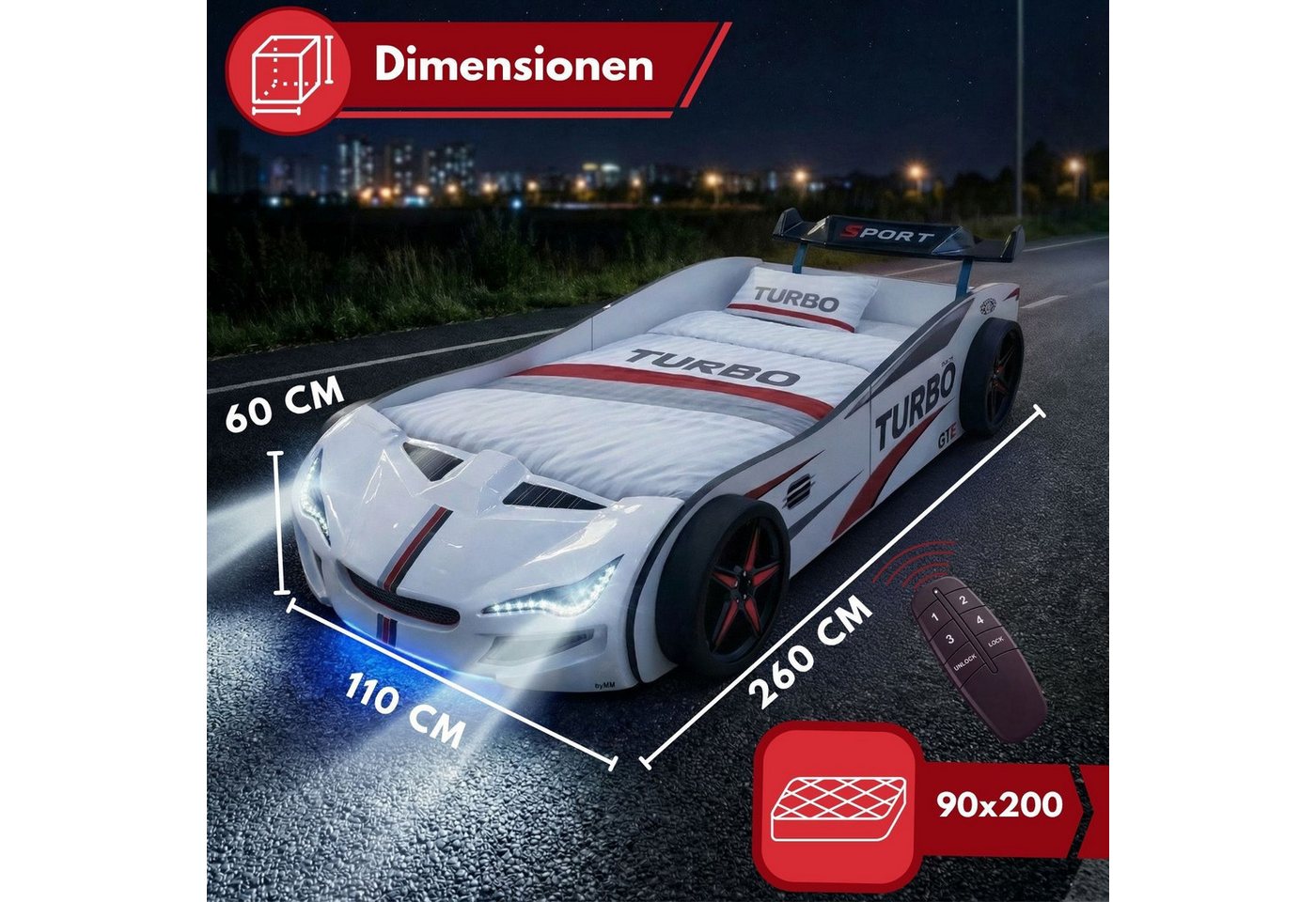 Coemo Autobett GTE (1-tlg., Komplett-Set Bett und Lattenrost), Weiß Autobett Rennwagen GTE mit Lattenrost Beleuchtung Motorgeräusche – Bild 3 von 5