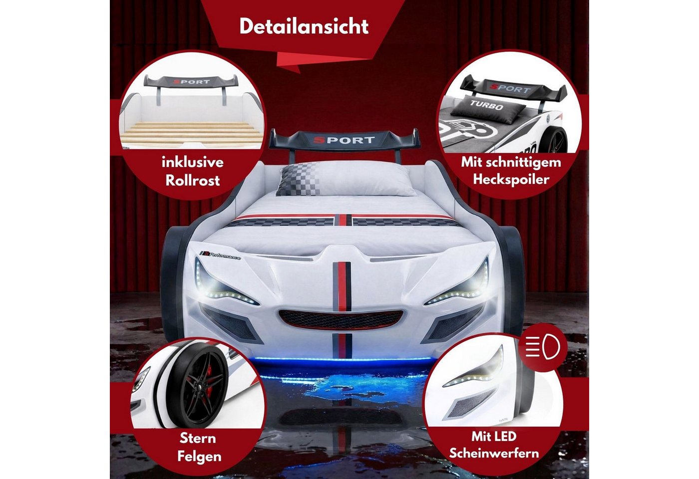 Coemo Autobett GTE (1-tlg., Komplett-Set Bett und Lattenrost), Weiß Autobett Rennwagen GTE mit Lattenrost Beleuchtung Motorgeräusche – Bild 4 von 5