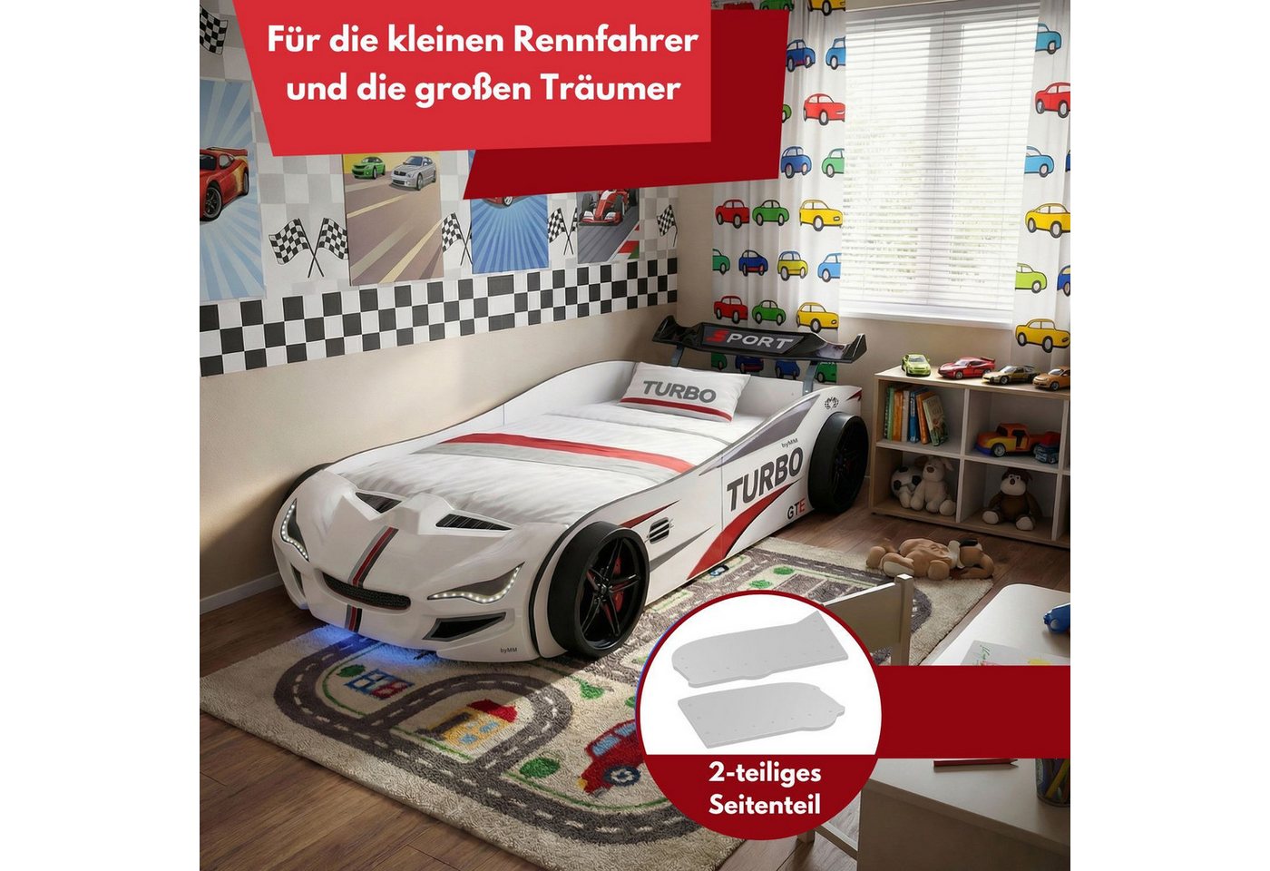 Coemo Autobett GTE (1-tlg., Komplett-Set Bett und Lattenrost), Weiß Autobett Rennwagen GTE mit Lattenrost Beleuchtung Motorgeräusche – Bild 5 von 5