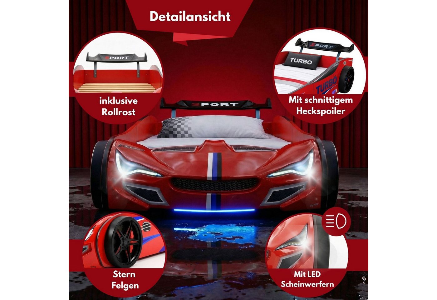 Coemo Autobett GTE (1-tlg., Komplett-Set Bett und Lattenrost), Rot Autobett Rennwagen GTE mit Lattenrost, Beleuchtung, Motorgeräusche – Bild 2 von 5