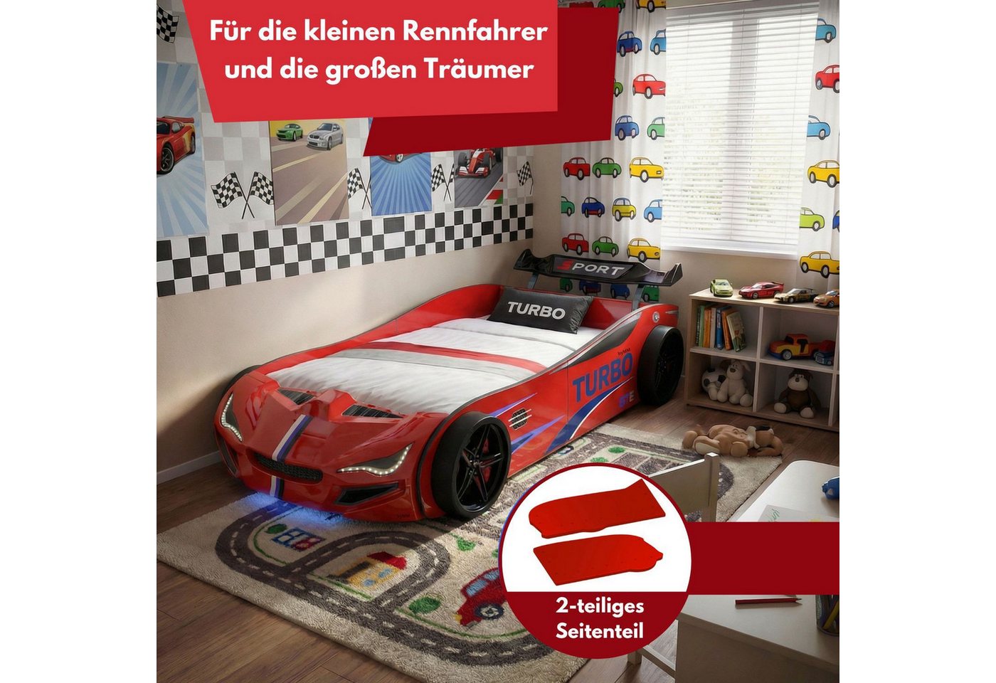 Coemo Autobett GTE (1-tlg., Komplett-Set Bett und Lattenrost), Rot Autobett Rennwagen GTE mit Lattenrost, Beleuchtung, Motorgeräusche – Bild 3 von 5