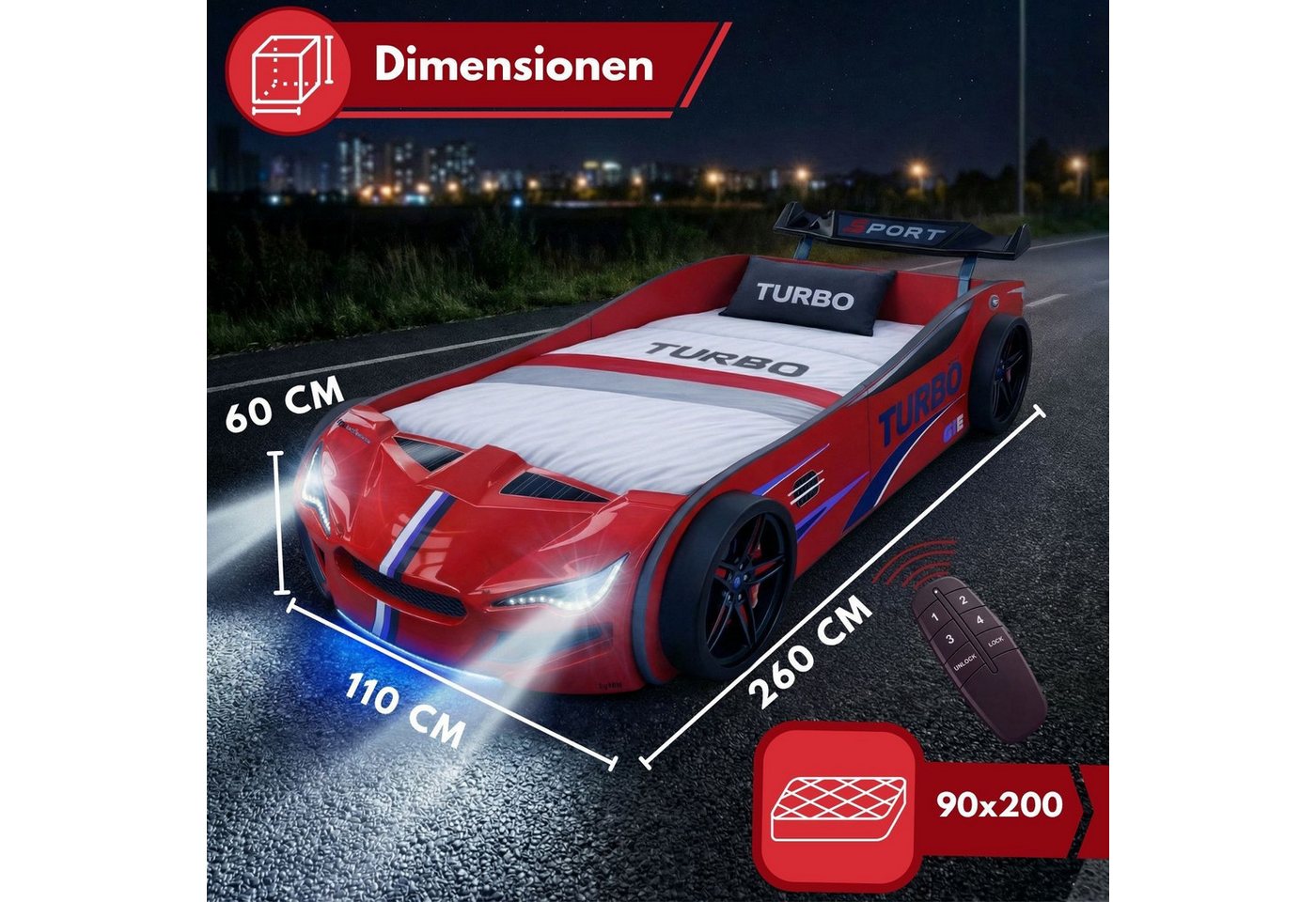 Coemo Autobett GTE (1-tlg., Komplett-Set Bett und Lattenrost), Rot Autobett Rennwagen GTE mit Lattenrost, Beleuchtung, Motorgeräusche – Bild 4 von 5