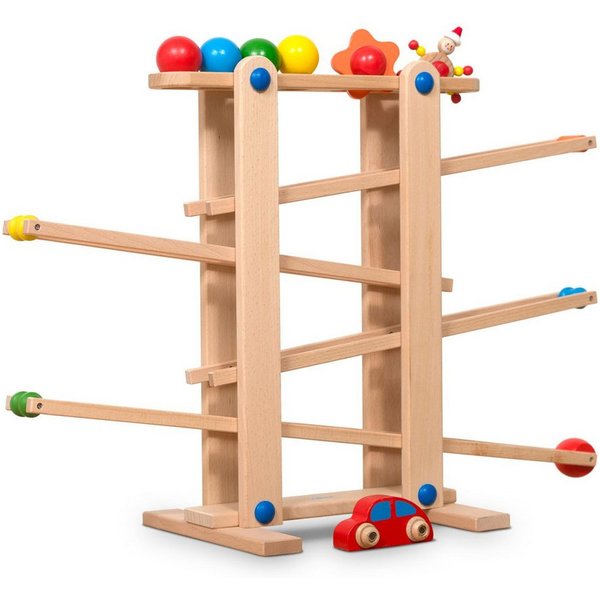 Coemo Kugelbahn, (8-tlg), Holzkugelbahn mit 7 mobilen Teilen Murmelbahn Motorik Spielzeug