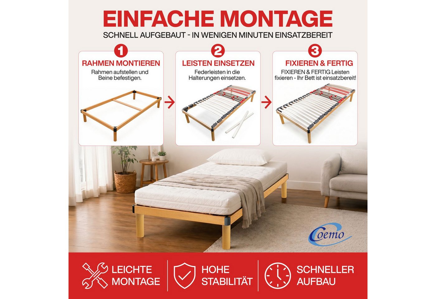 Lattenrost Dorado, Coemo, Kopfteil nicht verstellbar, Fußteil nicht verstellbar, Lattenrost mit Füßen 70x200 Italian Style preisgünstige Selbstmontage – Bild 3 von 5