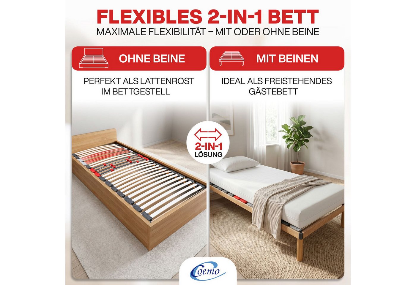 Lattenrost Dorado, Coemo, Kopfteil nicht verstellbar, Fußteil nicht verstellbar, Lattenrost mit Füßen 70x200 Italian Style preisgünstige Selbstmontage – Bild 4 von 5
