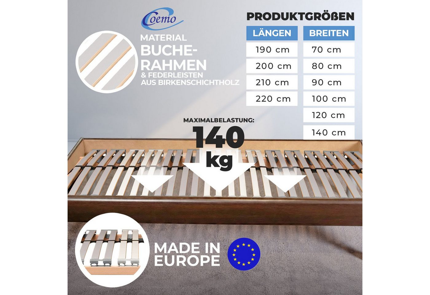 Lattenrost EasyLat, Coemo, Kopfteil nicht verstellbar, Fußteil nicht verstellbar, 90x200, Holzlattenrost ergonomischer Lattenrahmen Selbstmontage – Bild 3 von 5