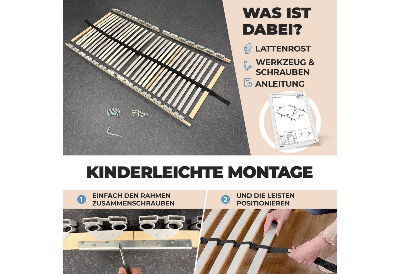 Lattenrost EasyLat, Coemo, Kopfteil nicht verstellbar, Fußteil nicht verstellbar, 90x200, Holzlattenrost ergonomischer Lattenrahmen Selbstmontage – Bild 4 von 5