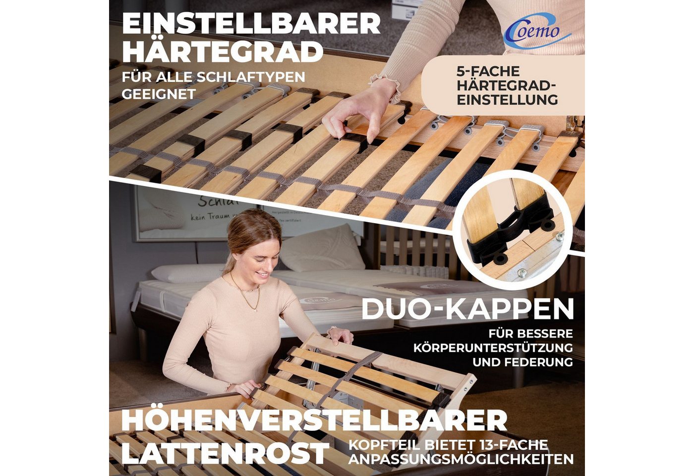 Lattenrost ERGO K, Coemo, Kopfteil manuell verstellbar, Fußteil nicht verstellbar, 90x200 cm 7 Liegezonen Härtegradeinstellung Mittelgurt Selbstmontage – Bild 3 von 5