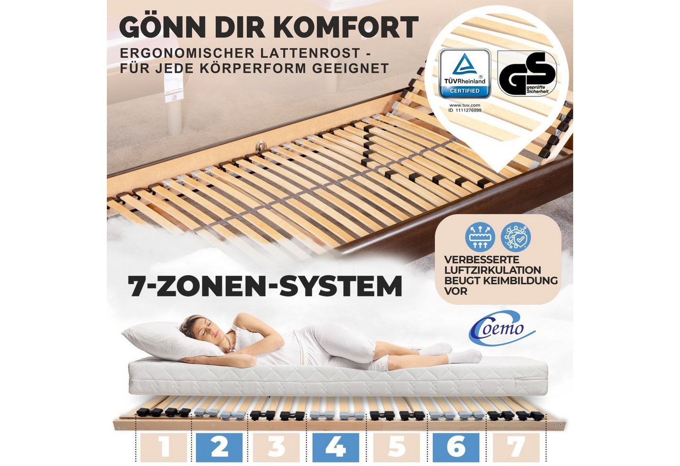 Lattenrost ERGO K, Coemo, Kopfteil manuell verstellbar, Fußteil nicht verstellbar, 2er Set, 80x200 cm Doppelpack Spar-Preis auch für Ehebetten 160x200 cm – Bild 2 von 5