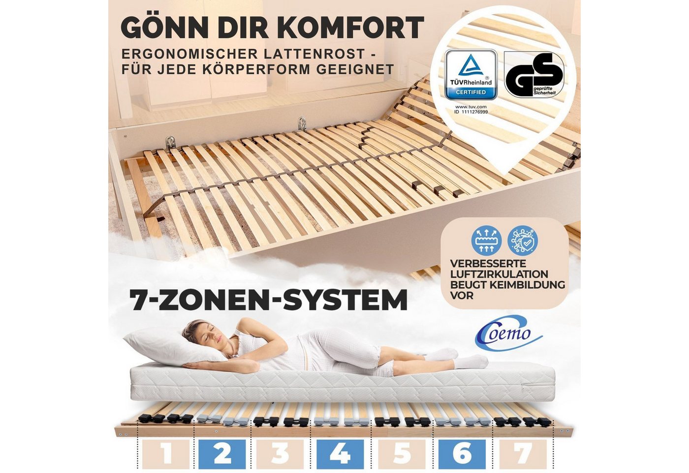 Lattenrost ERGO K, Coemo, Kopfteil manuell verstellbar, Fußteil nicht verstellbar, 140x200 cm 7 Zonen 28 Leisten Mittelband Härtegradeinstellung DIY – Bild 3 von 5
