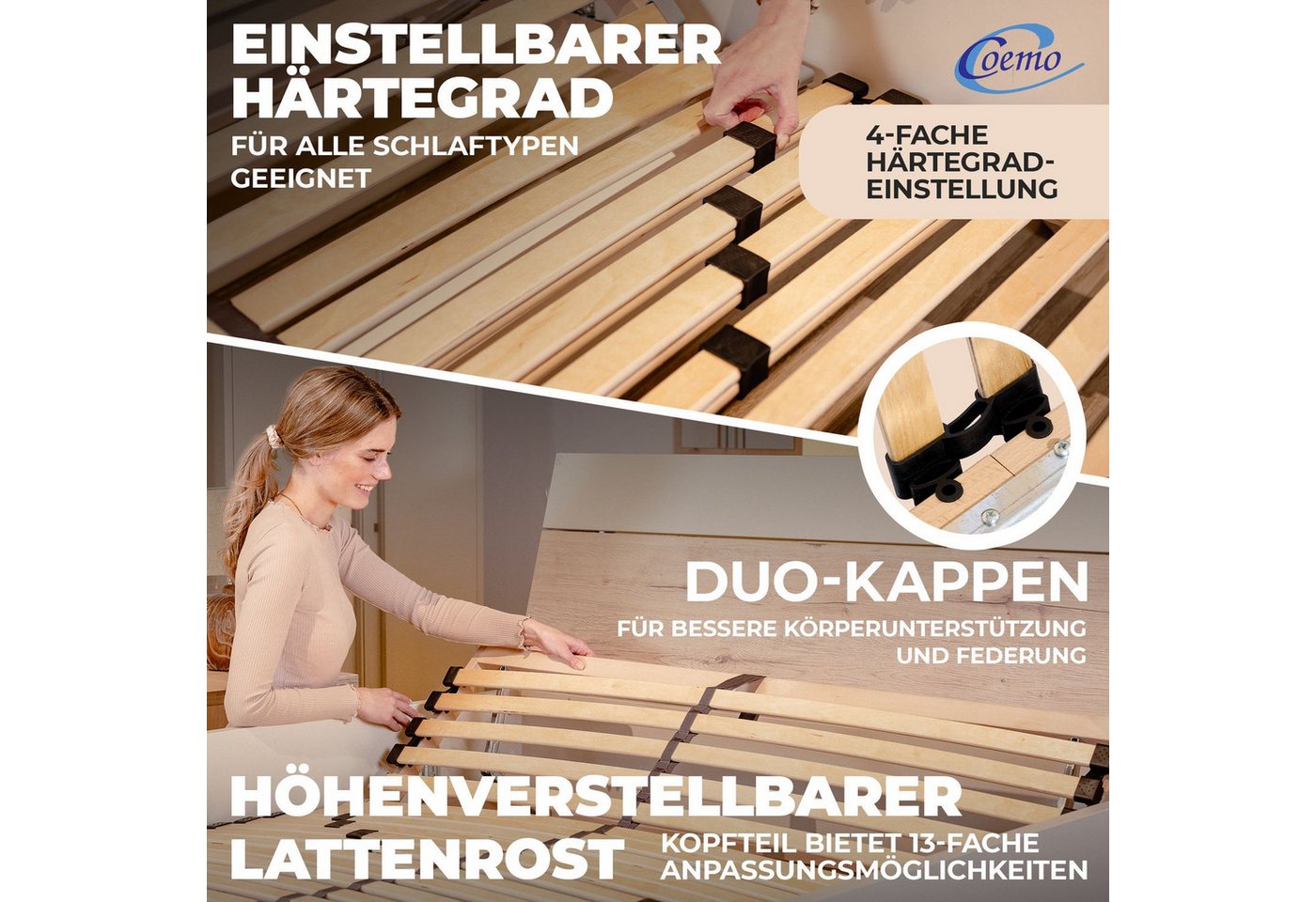 Lattenrost ERGO K, Coemo, Kopfteil manuell verstellbar, Fußteil nicht verstellbar, 120x200 cm 7 Liegezonen Härtegradeinstellung Mittelgurt Selbstmontage – Bild 2 von 5