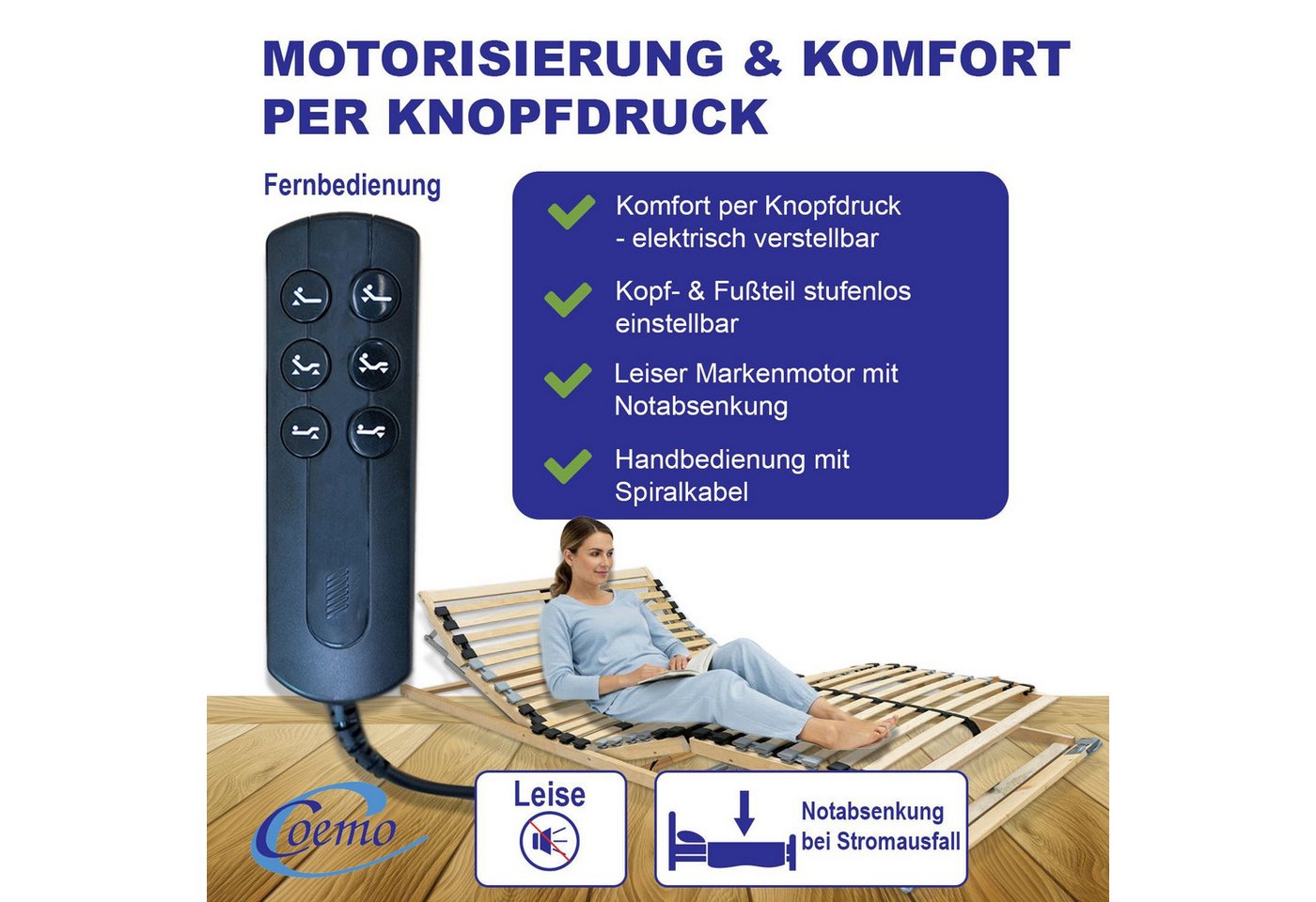 Lattenrost ERGO KF MOTOR, Coemo, Kopfteil motorisch verstellbar, Fußteil motorisch verstellbar, 80 x 200 cm elektrischer Lattenrost stufenlos verstellbar, Not-A – Bild 3 von 5