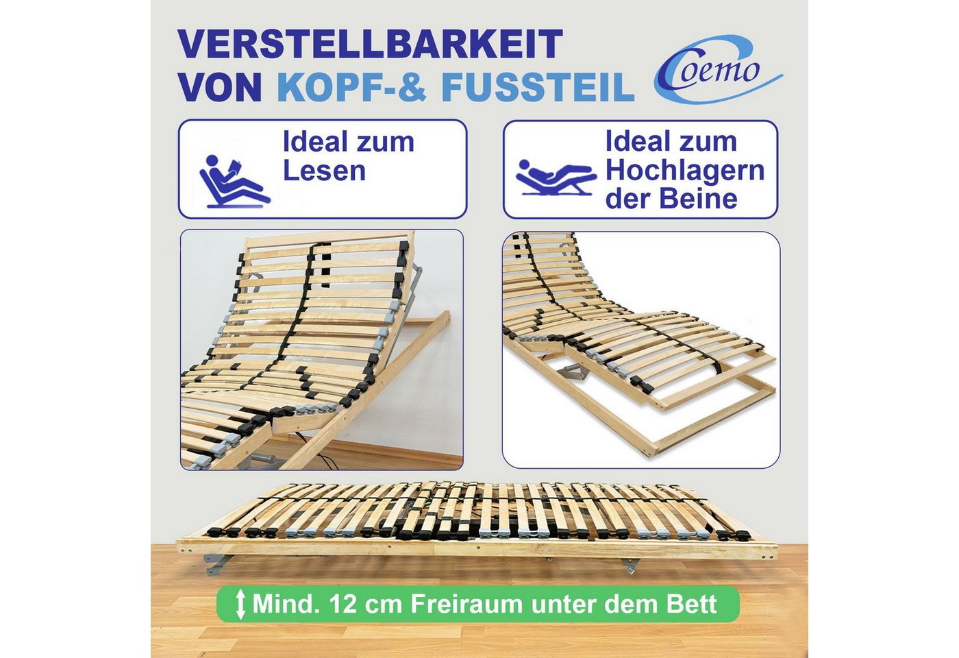 Lattenrost ERGO KF MOTOR, Coemo, Kopfteil motorisch verstellbar, Fußteil motorisch verstellbar, 80 x 200 cm elektrischer Lattenrost stufenlos verstellbar, Not-A – Bild 4 von 5