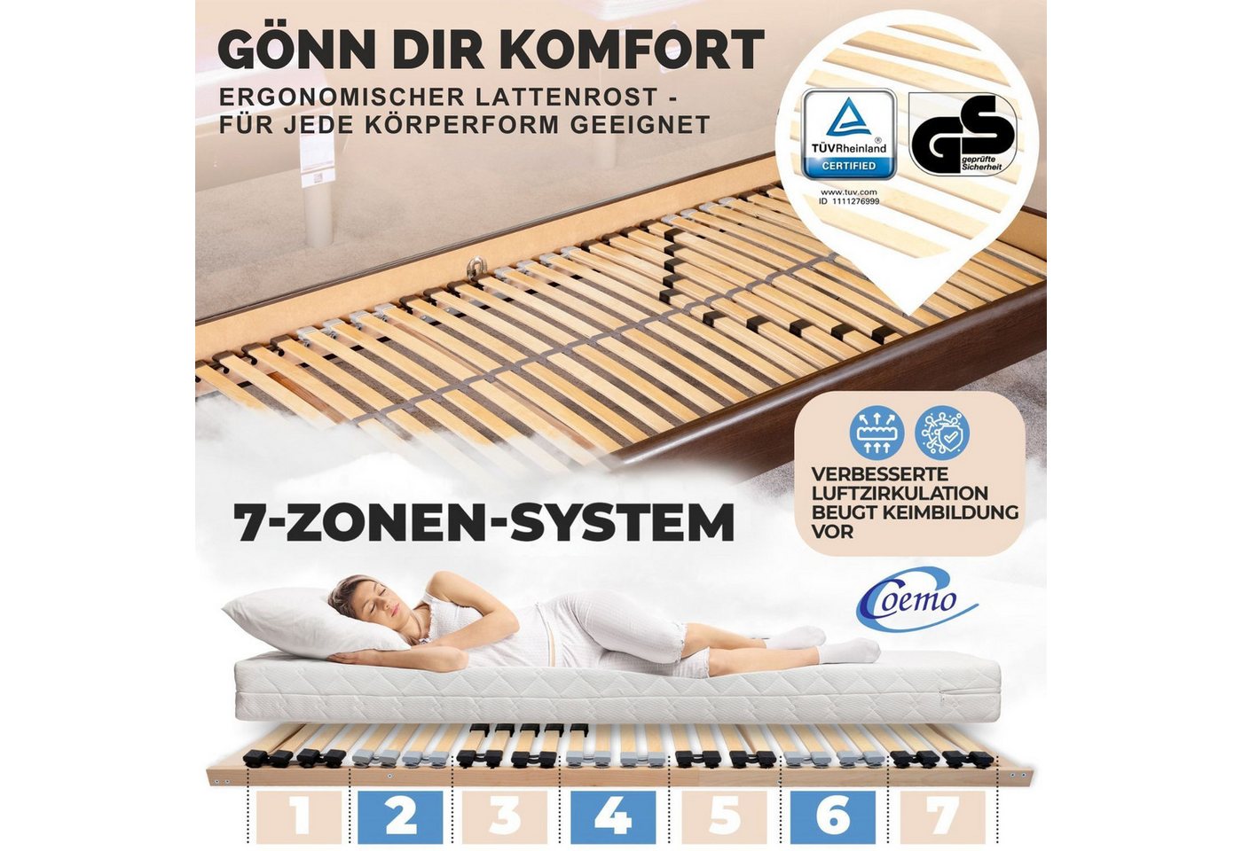 Lattenrost ERGO NV, Coemo, Kopfteil nicht verstellbar, Fußteil nicht verstellbar, 80x200 cm 7 Zonen 28 Leisten Härtegradverstellung flache Bauweise – Bild 3 von 5