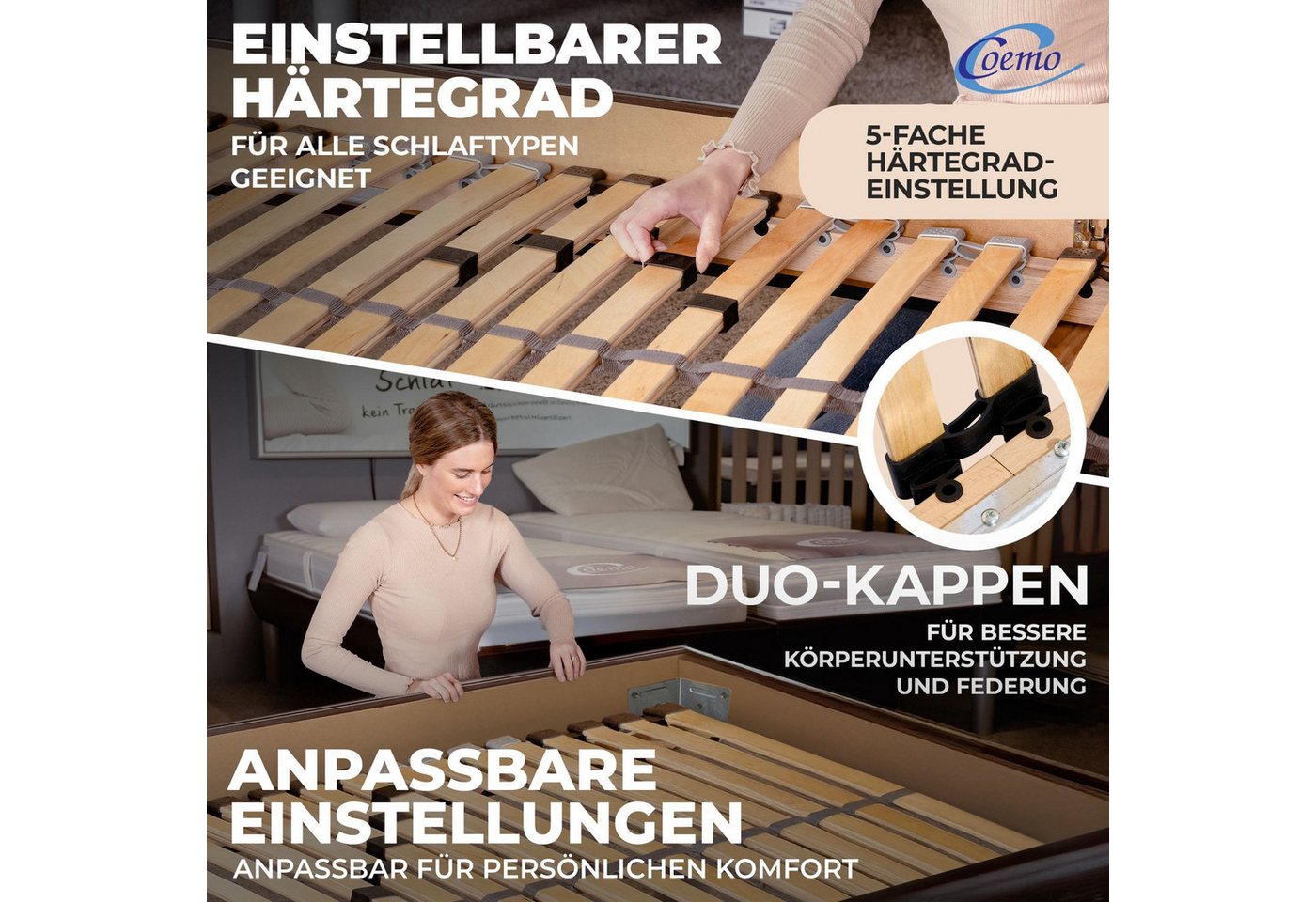 Lattenrost ERGO NV, Coemo, Kopfteil nicht verstellbar, Fußteil nicht verstellbar, 80x200 cm 7 Zonen 28 Leisten Härtegradverstellung flache Bauweise – Bild 4 von 5