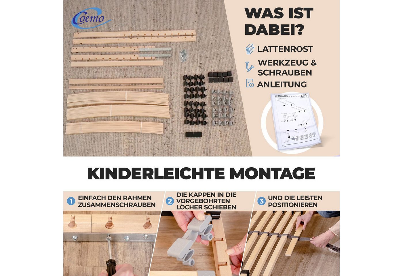 Lattenrost ERGO NV, Coemo, Kopfteil nicht verstellbar, Fußteil nicht verstellbar, 80x200 cm 7 Zonen 28 Leisten Härtegradverstellung flache Bauweise – Bild 5 von 5