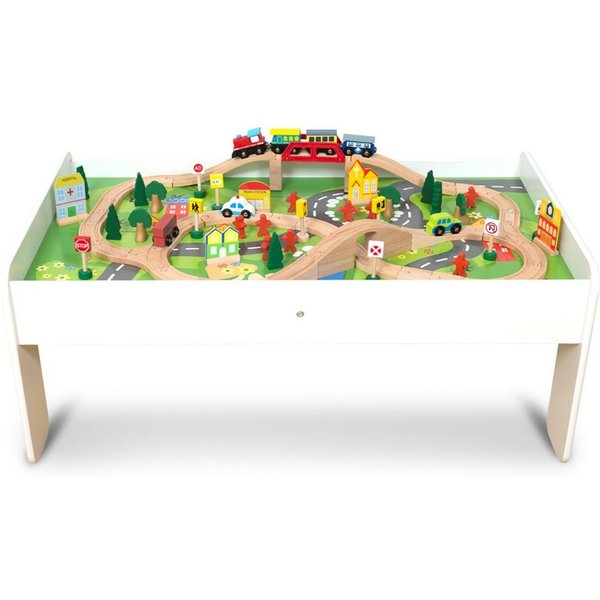 Coemo Spielzeugeisenbahn-Set, Spieltisch Weiß für Kinder MDF inkl 90 tlg. Spielzeug Eisenbahn