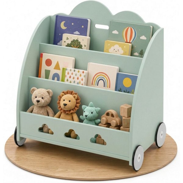 Coemo Standregal BOOKIE, Aufbewahrungsrollwagen Holz, Bücherregal & Spielzeugkiste in Mintgrün