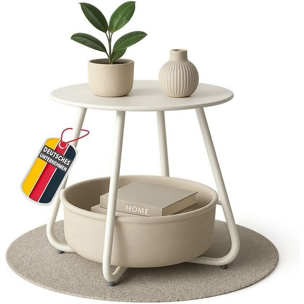Coemo Wohnzimmertisch KOSI, Weiß Metallgestell Couchtisch mit Aufbewahrungskorb Canvas