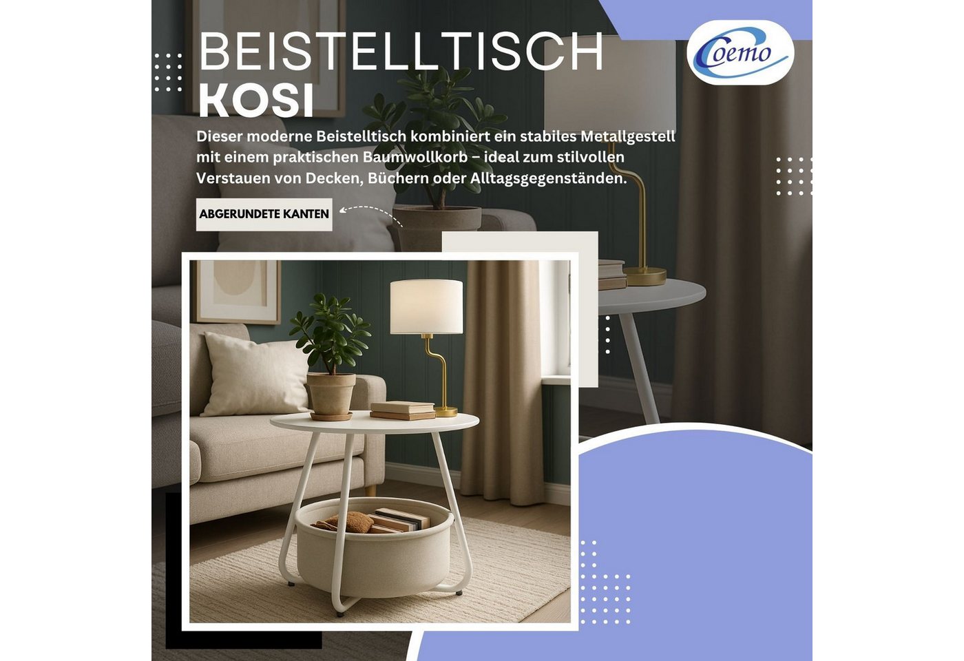 Coemo Wohnzimmertisch KOSI, Weiß Metallgestell Couchtisch mit Aufbewahrungskorb Canvas – Bild 2 von 5