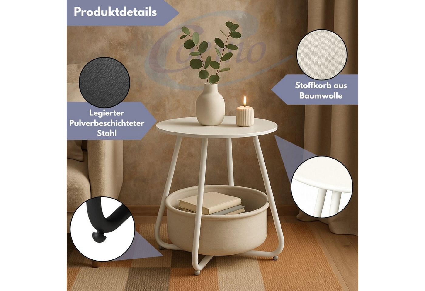 Coemo Wohnzimmertisch KOSI, Weiß Metallgestell Couchtisch mit Aufbewahrungskorb Canvas – Bild 3 von 5
