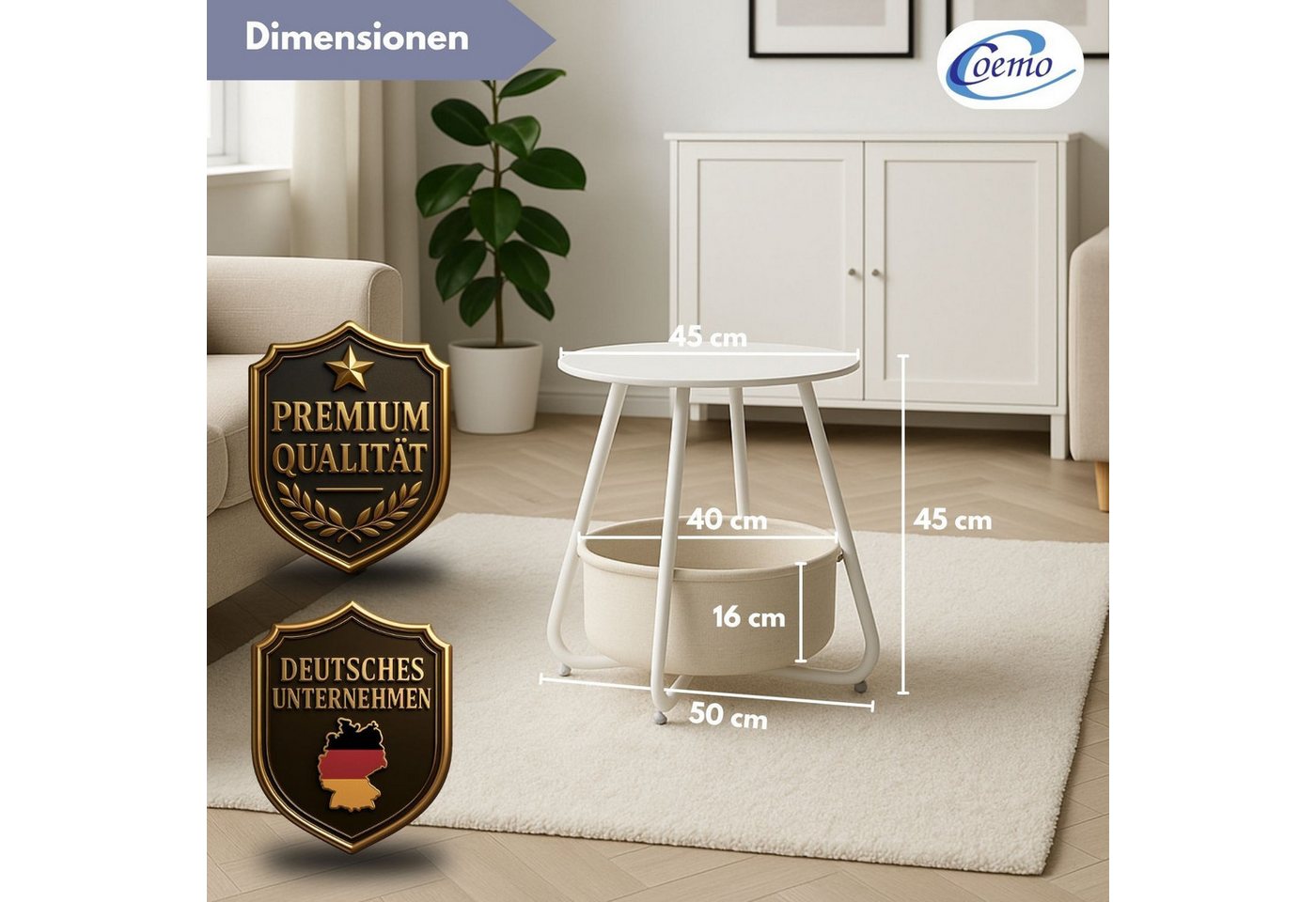 Coemo Wohnzimmertisch KOSI, Weiß Metallgestell Couchtisch mit Aufbewahrungskorb Canvas – Bild 4 von 5
