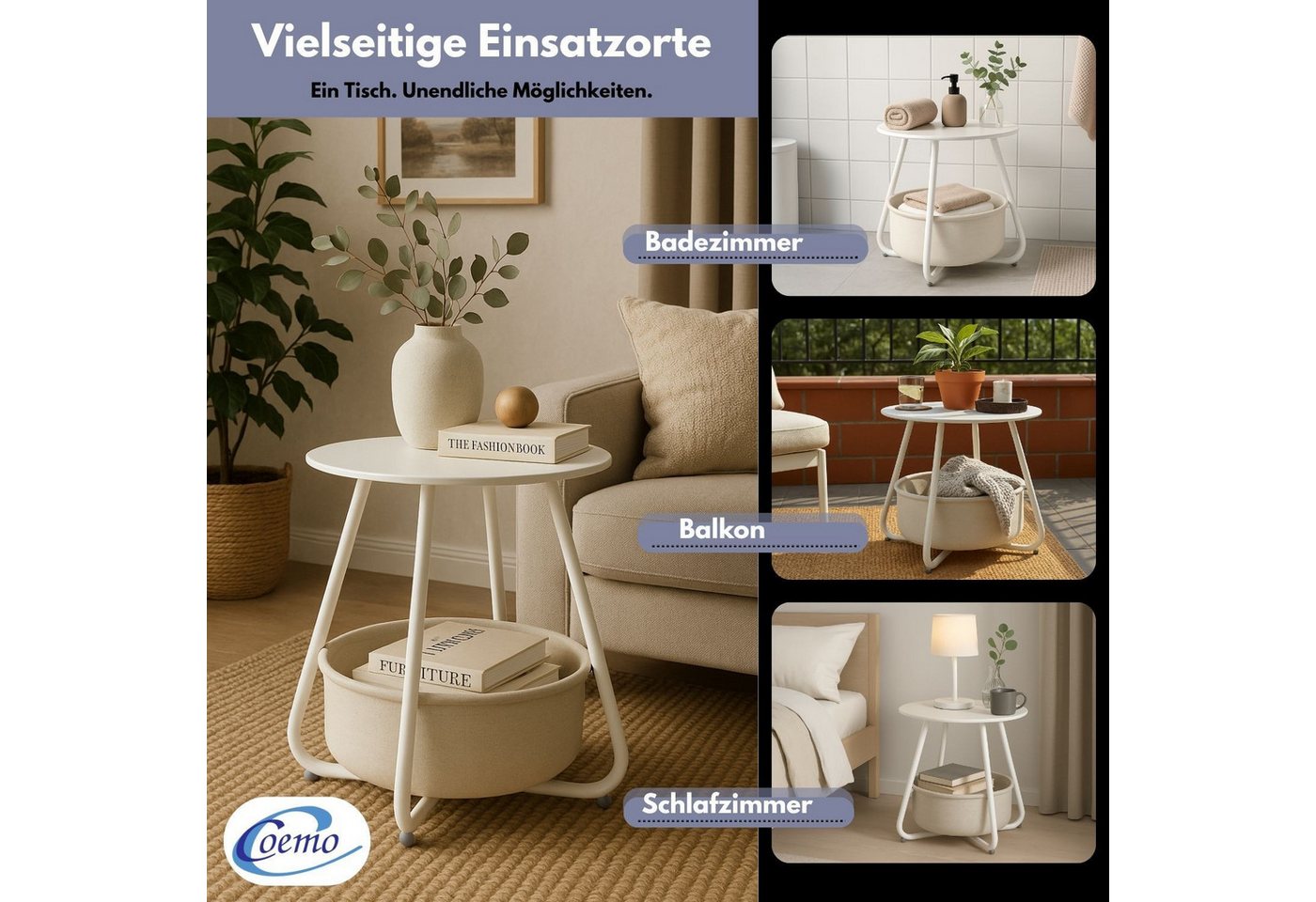 Coemo Wohnzimmertisch KOSI, Weiß Metallgestell Couchtisch mit Aufbewahrungskorb Canvas – Bild 5 von 5