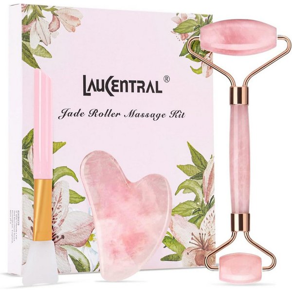 cofi1453 Massageroller Roller & Gua Sha Set aus Rosenquarz – gegen Schwellungen & Falten, Beauty-Set, 3-teiliges Massage-Set, Kühlender Naturstein, Unterstützt 