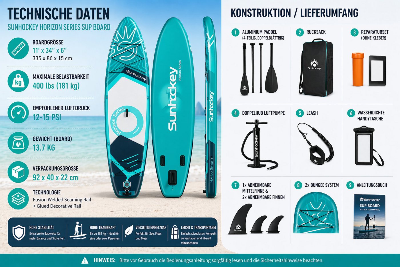 COIL SUP-Board Aufblasbares SUP Board Set – Stand Up Komplettset, (Set, mit Paddel, mit Pumpe), wasserdichte Handytasche, Stabil, Leicht, Zubehör – Bild 2 von 5