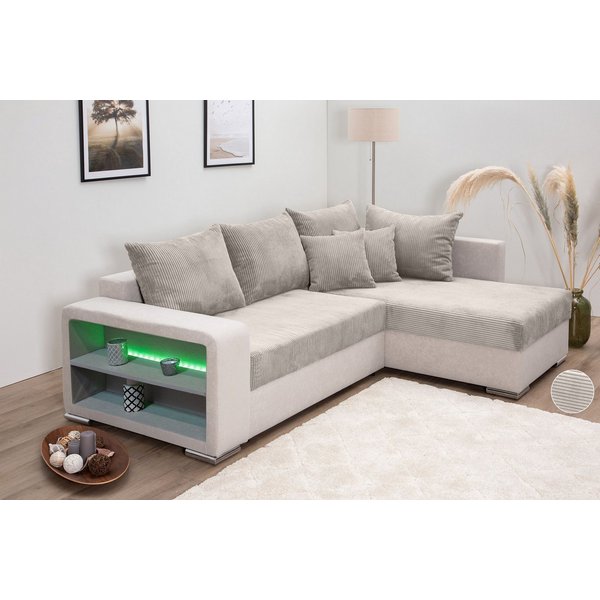 COLLECTION AB Ecksofa John L-Form, B: 226 cm, Schlaffunktion & Bettkasten, Regalelement mit Licht, Couch mit Federkern, 2 Zierkissen