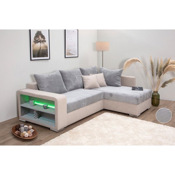 COLLECTION AB Ecksofa John L-Form, B: 226 cm, Schlaffunktion & Bettkasten, Regalelement mit Licht, Couch mit Federkern, 2 Zierkissen