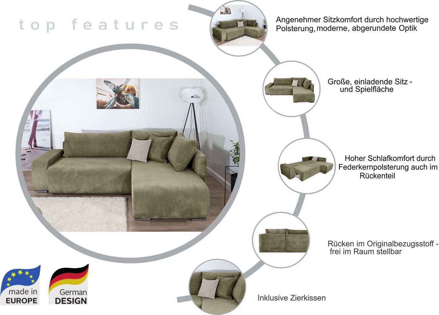 COLLECTION AB Ecksofa Poppy L-Form, B: 227 cm, Schlaffunktion, Bettkasten & 1 Zierkissen – Bild 3 von 5
