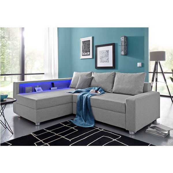 COLLECTION AB Ecksofa Relax L-Form, B: 223 cm, Schlaffunktion, Bettkasten, Regal & 1 Zierkissen, optional Licht