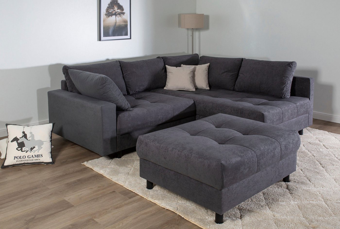 COLLECTION AB Ecksofa Toni L-Form, B: 215 cm, XXL-Liegefläche mit Hocker 3 Stoffqualitäten, Set: Sofa & Hocker, 2 Zierkissen, Federkern, frei stellbar – Bild 5 von 5
