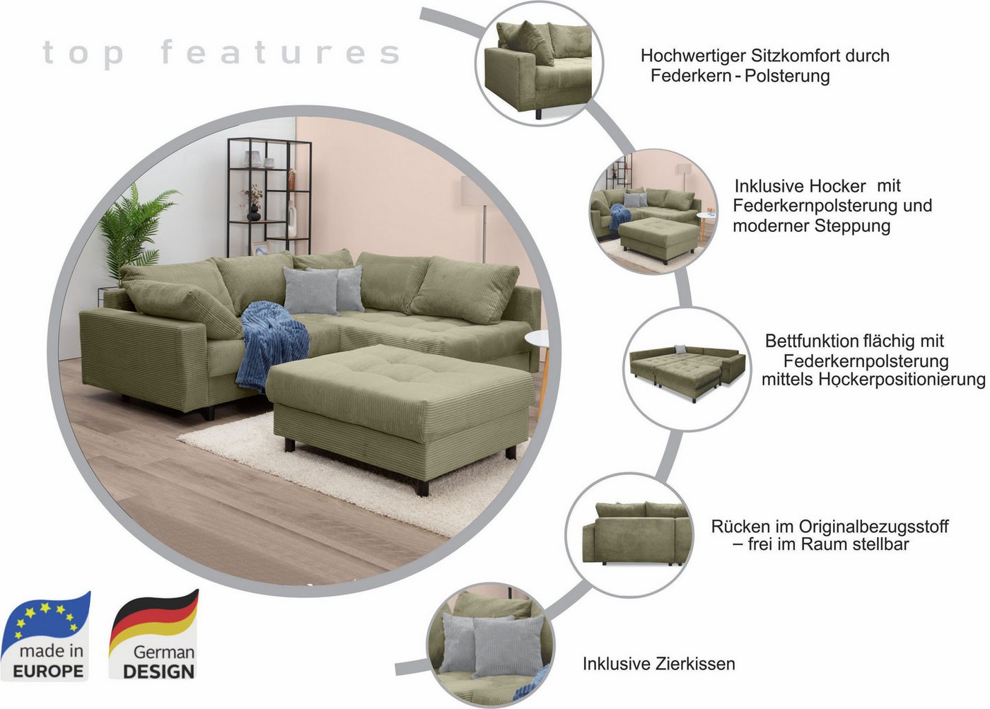 COLLECTION AB Ecksofa Toni L-Form, B: 215 cm, XXL-Liegefläche mit Hocker 3 Stoffqualitäten, Set: Sofa & Hocker, 2 Zierkissen, Federkern, frei stellbar – Bild 3 von 5