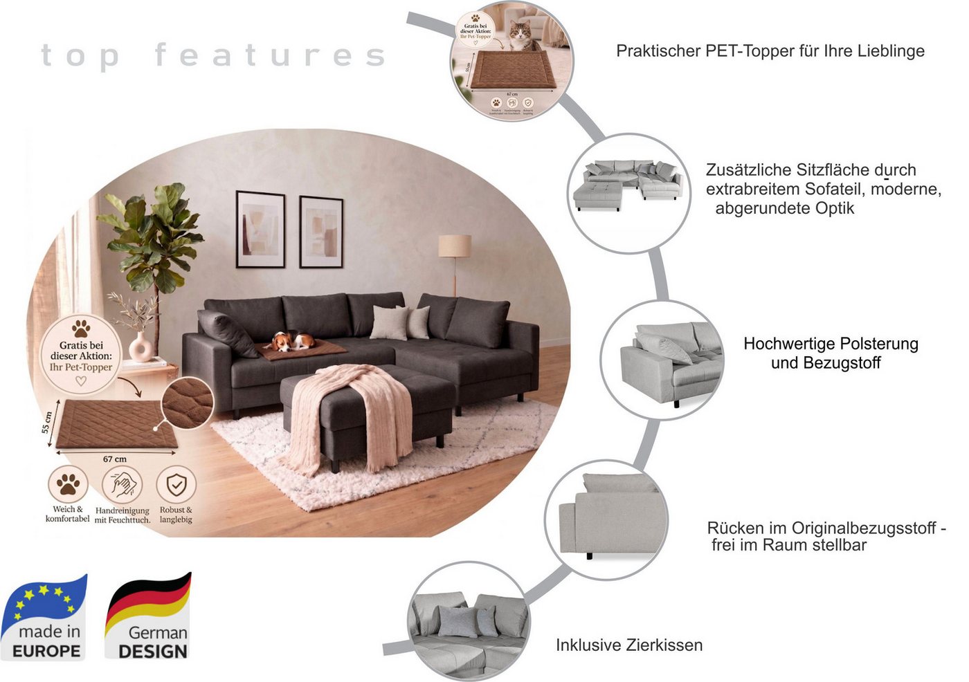 COLLECTION AB Ecksofa Toni XL L-Form B:274 cm Set inkl. Hocker, AKTION mit Pet Topper, Set: Sofa & Hocker, 2 Zierkissen, Bonell-Federkern – Bild 4 von 5