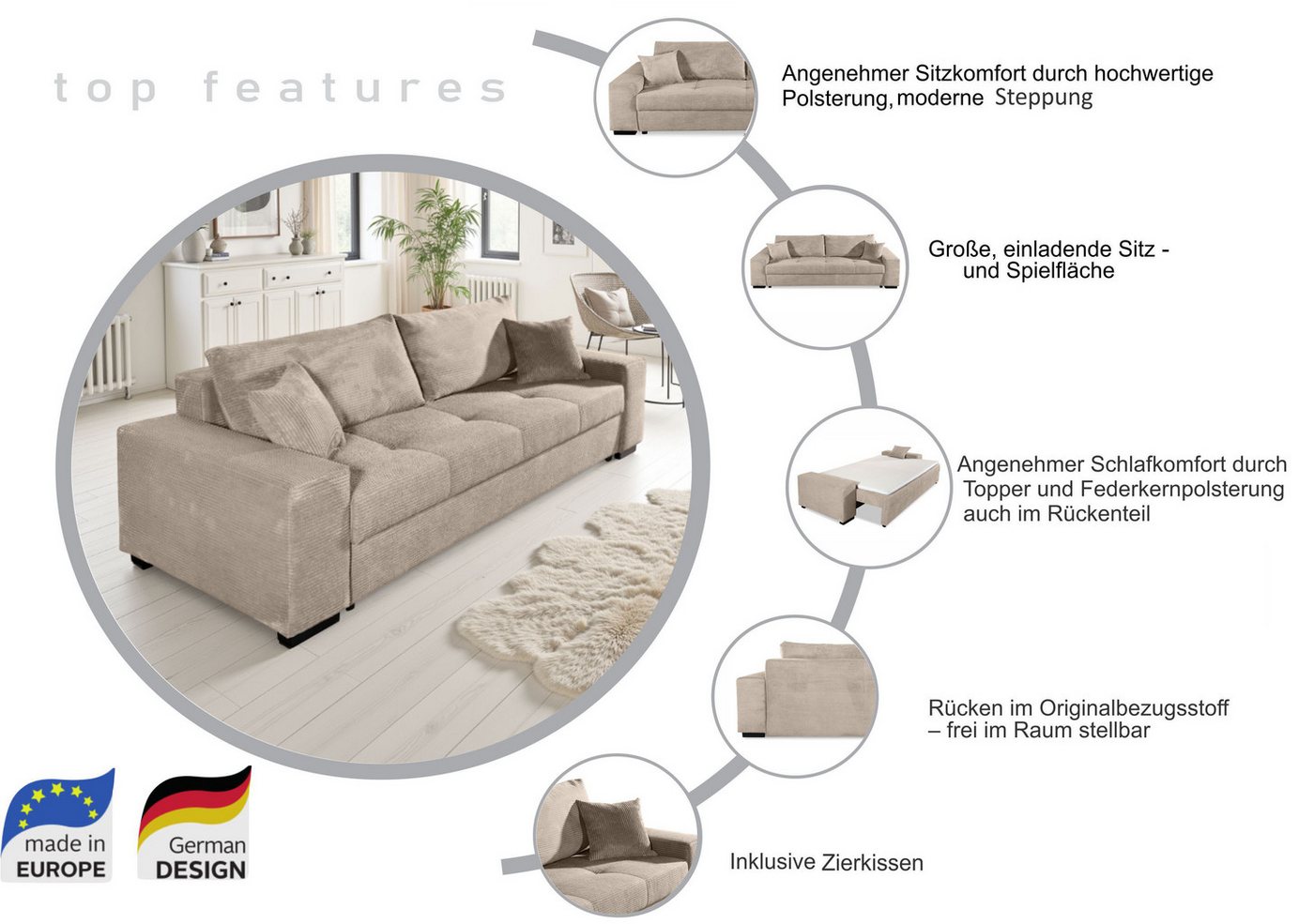 COLLECTION AB Schlafsofa Kreta, B: 248 cm, Liegefl. 137x195 cm, Schlaffunktion, Bettkasten & 2 Zierkissen, optional mit Topper – Bild 3 von 5