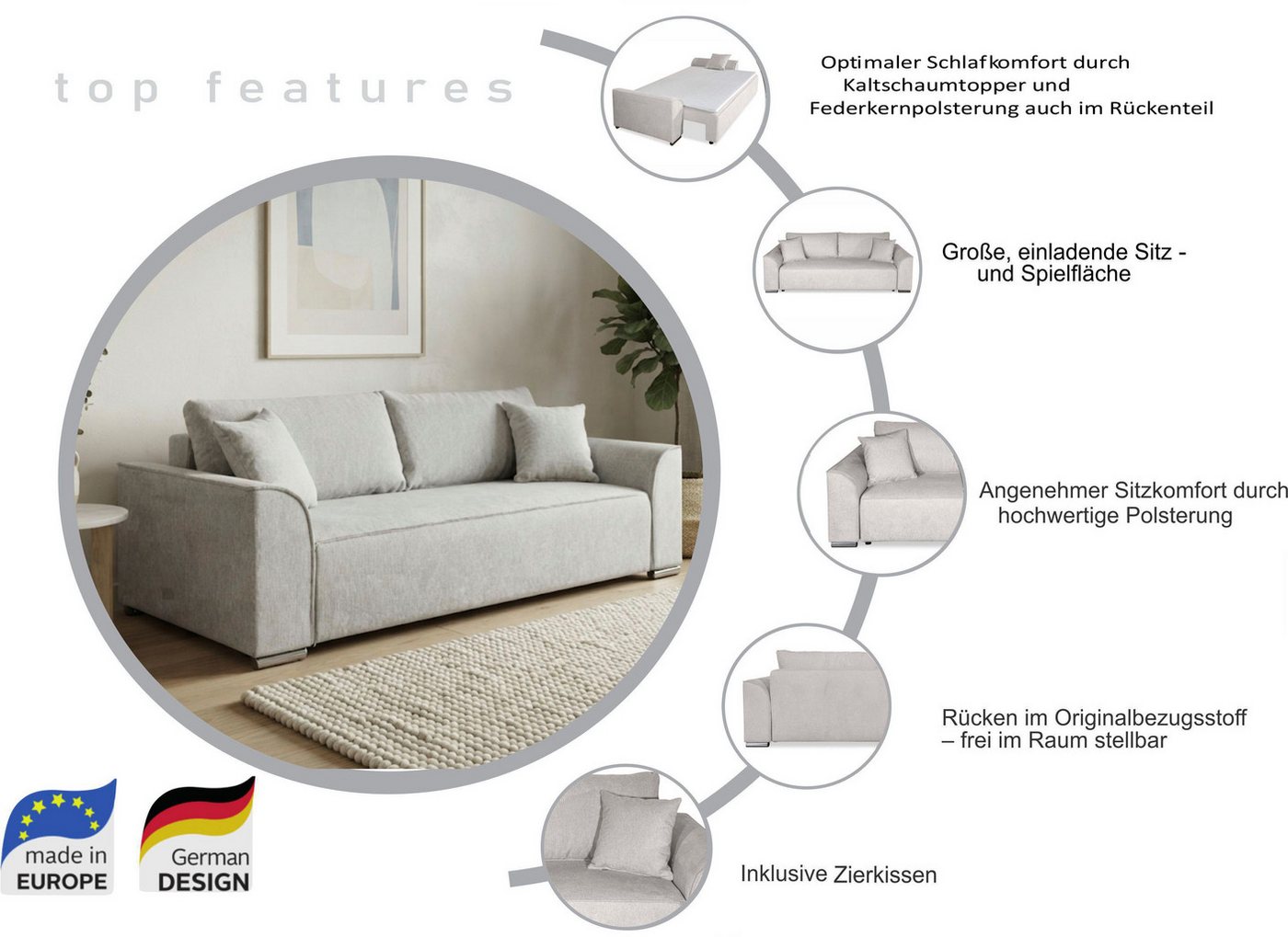 COLLECTION AB Schlafsofa Sara B: 241 cm, Liegefl. 137x195 cm, Bettkasten, optional mit Topper, Schlaffunktion, Couch mit Bonnellfederkern, Gästebettfunktion – Bild 4 von 5
