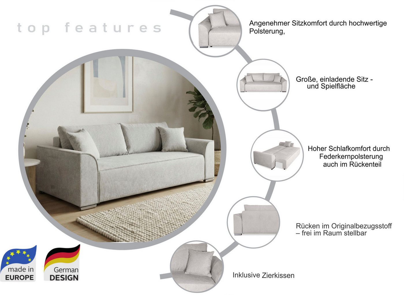 COLLECTION AB Schlafsofa Sara B: 241 cm, Liegefl. 137x195 cm, Bettkasten, optional mit Topper, Schlaffunktion, Couch mit Bonnellfederkern, Gästebettfunktion – Bild 3 von 5