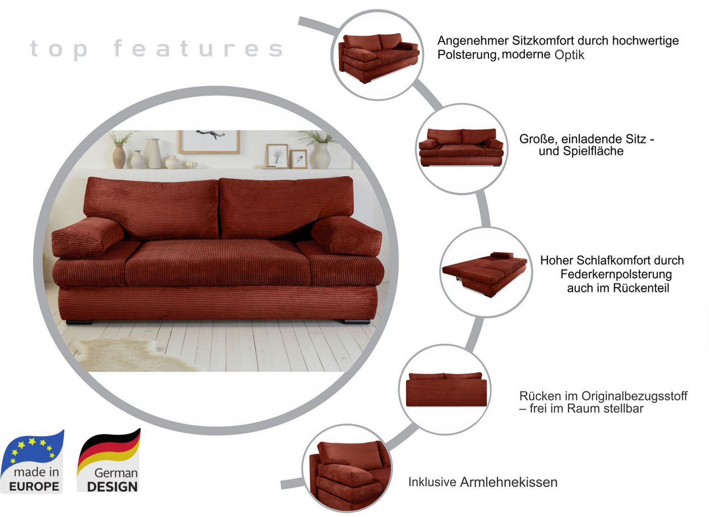 COLLECTION AB Schlafsofa Tina, B: 200 cm, Liegefl. 146x200 cm, Schlaffunktion, Bettkasten & 2 Armlehnenkissen, Federkern – Bild 3 von 5