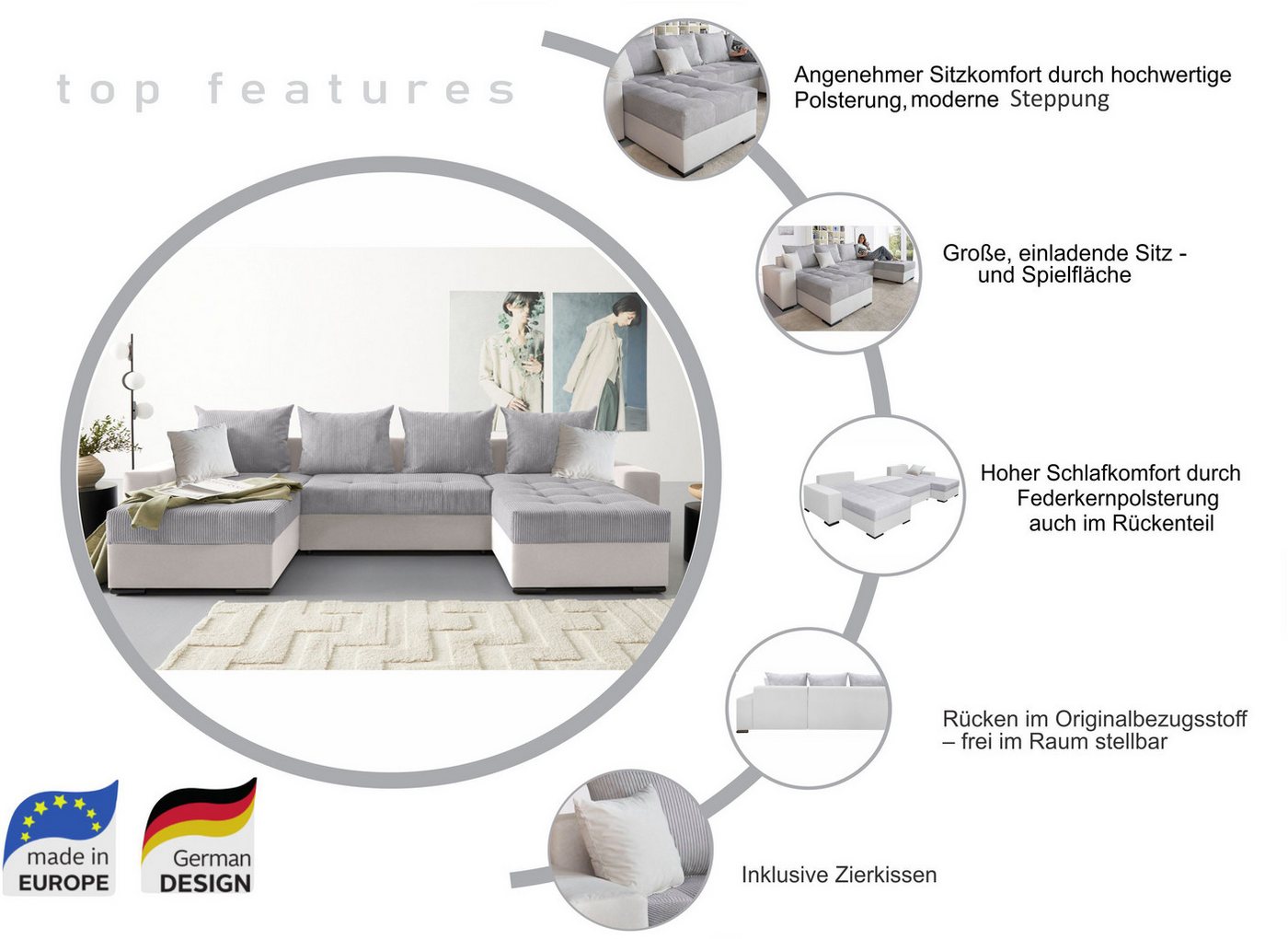 COLLECTION AB Wohnlandschaft Josy XL U-Form, B: 313 cm in Cord, Cord-Mix, Schlaffunktion, Bettkasten & 2 Zierkissen, Federkern – Bild 3 von 5