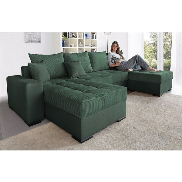 COLLECTION AB Wohnlandschaft Josy XL U-Form, B: 313 cm in Cord, Cord-Mix, Schlaffunktion, Bettkasten & 2 Zierkissen, Federkern