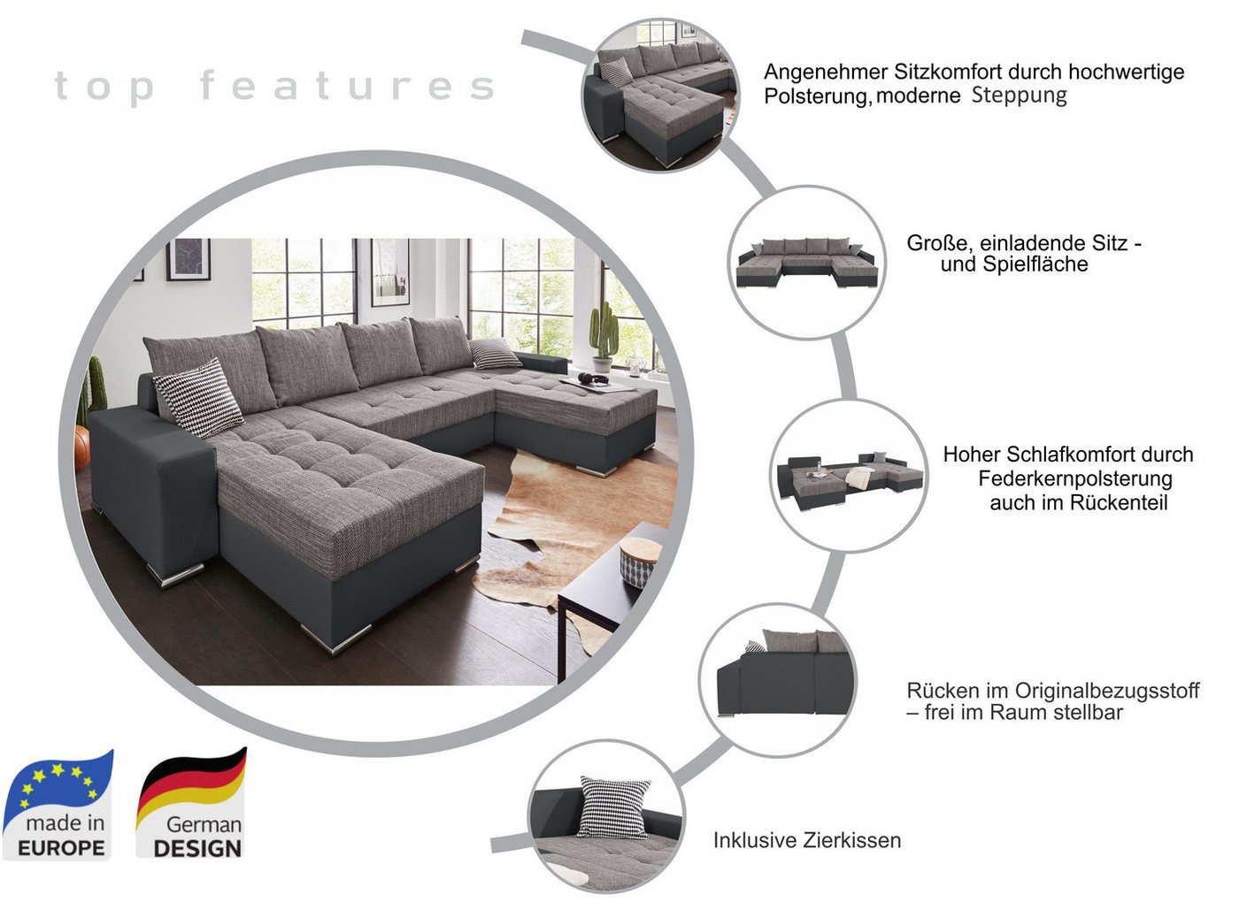 COLLECTION AB Wohnlandschaft Josy XL U-Form, Breite: 313 cm, Liegefl. 137x266 cm, Schlaffunktion, Bettkasten & 2 Zierkissen, Federkern – Bild 3 von 5